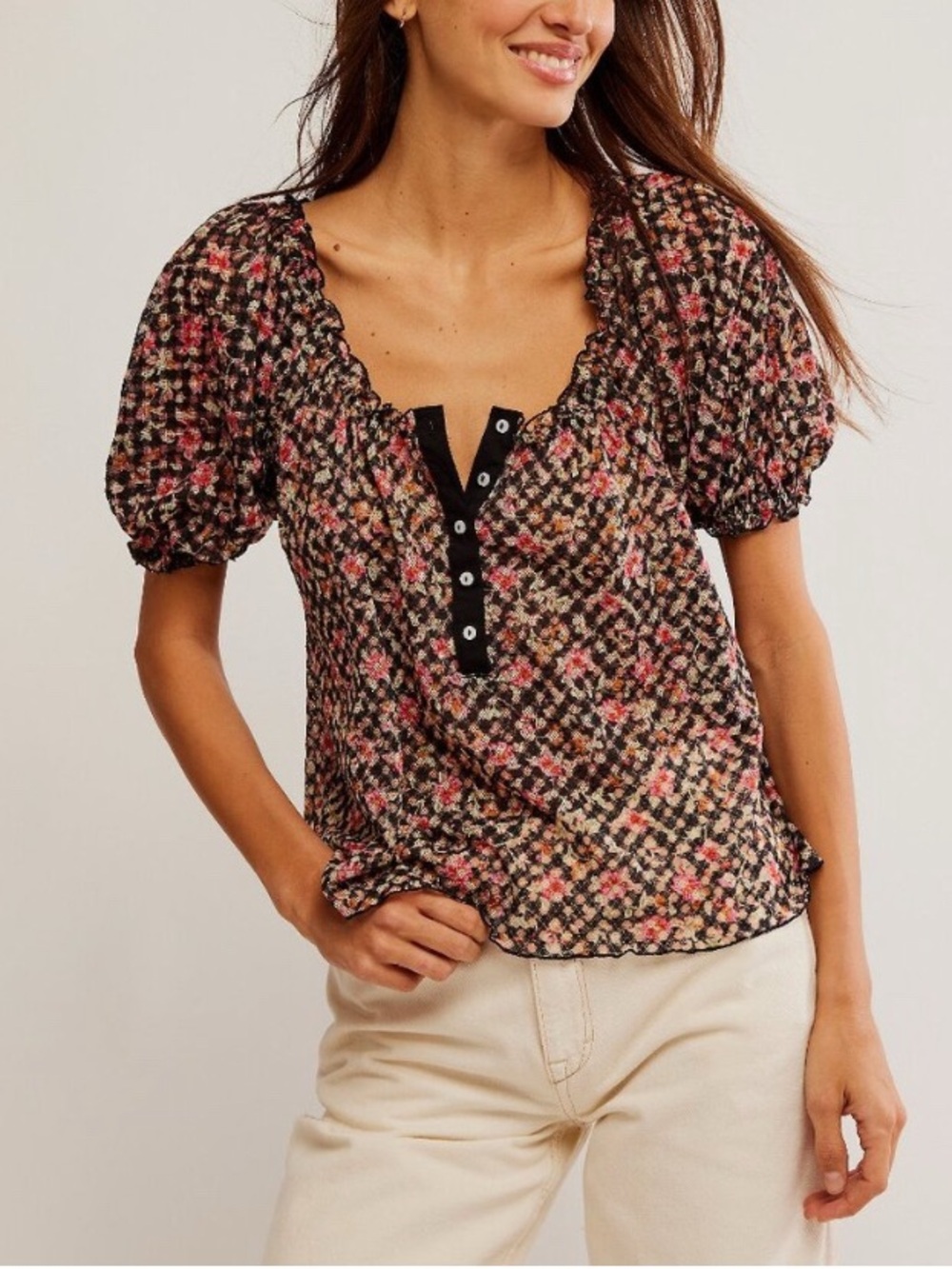 FREE PEOPLE Astra Floral Henley Peasant Top NWT Black Pink Green